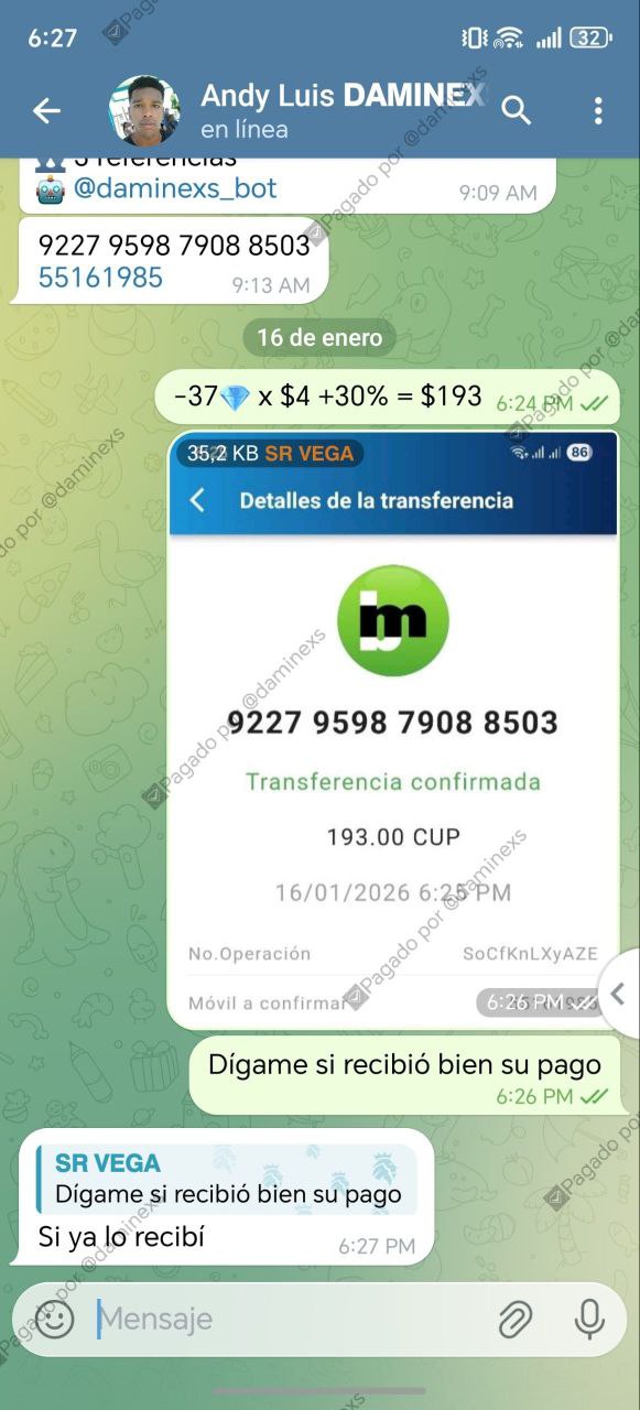 Pago confirmado a Andy Luis DAMINEX