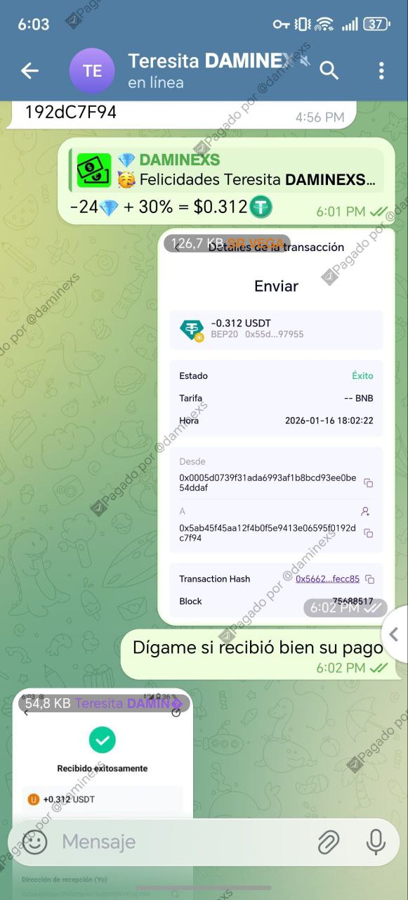 Pago confirmado a Teresita DAMINEXS